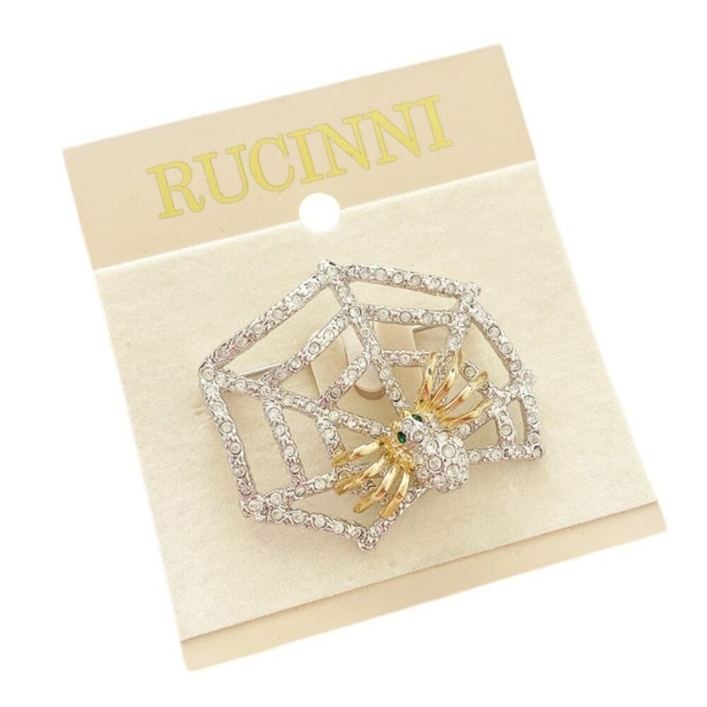 Nwt Rucinni Crystal Gold And Silver Plated Spider And Spider Web Brooch